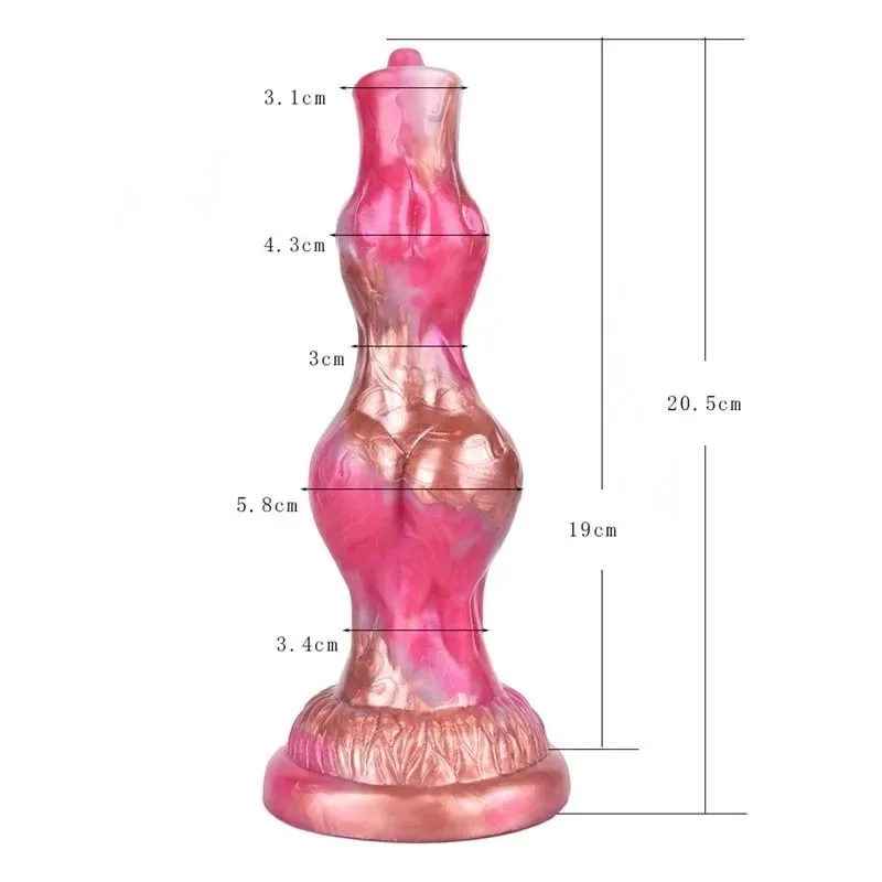 size 8 IN Fantasy Silicone Double Knot Dog Penis Dildo Rose Gold & Pink - Image 2